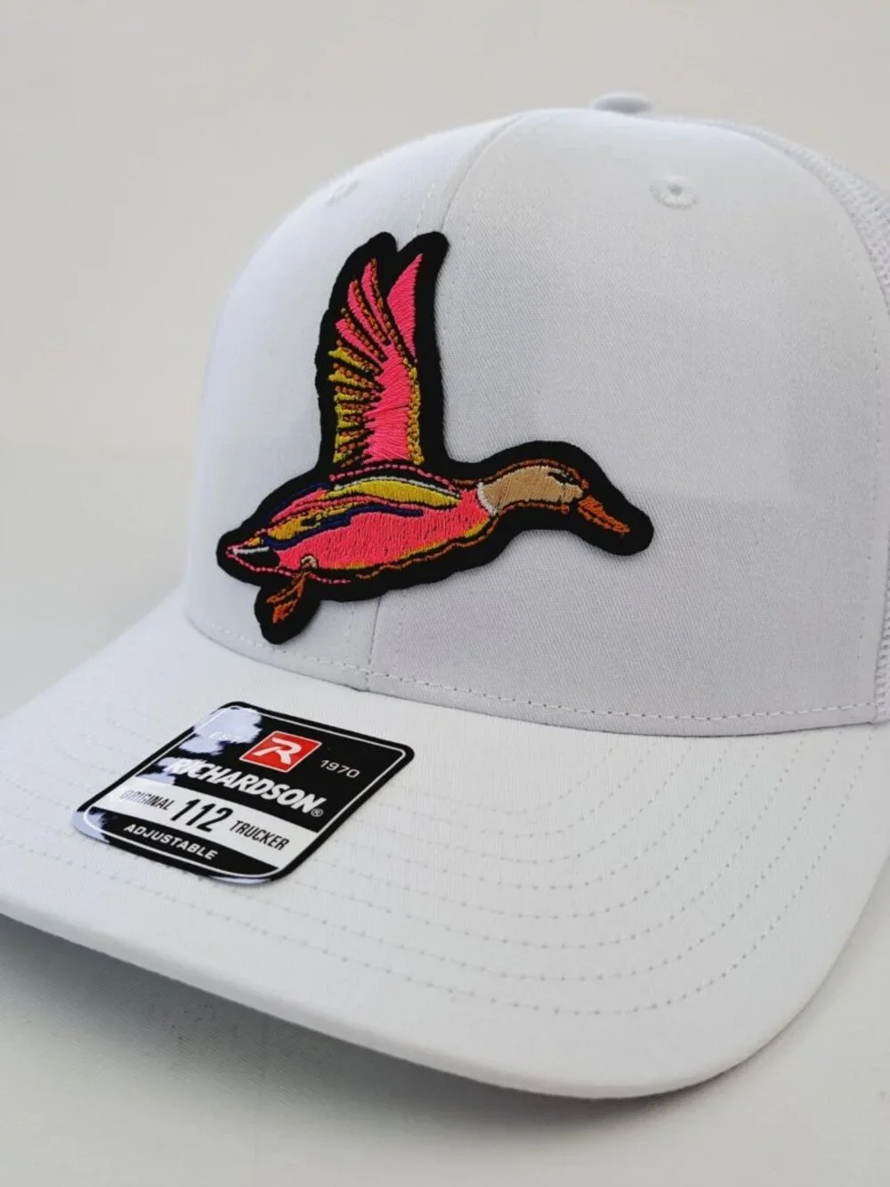 Neon Flying Mallard Duck Embroidered Patch White Richardson 112 Trucker Hat Fowl